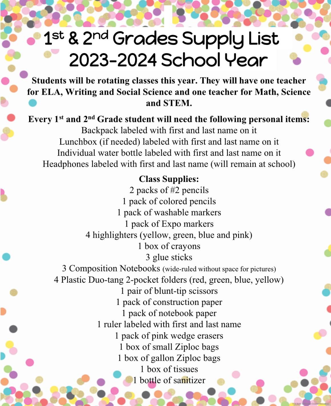 school supply list 1st & 2nd supply list